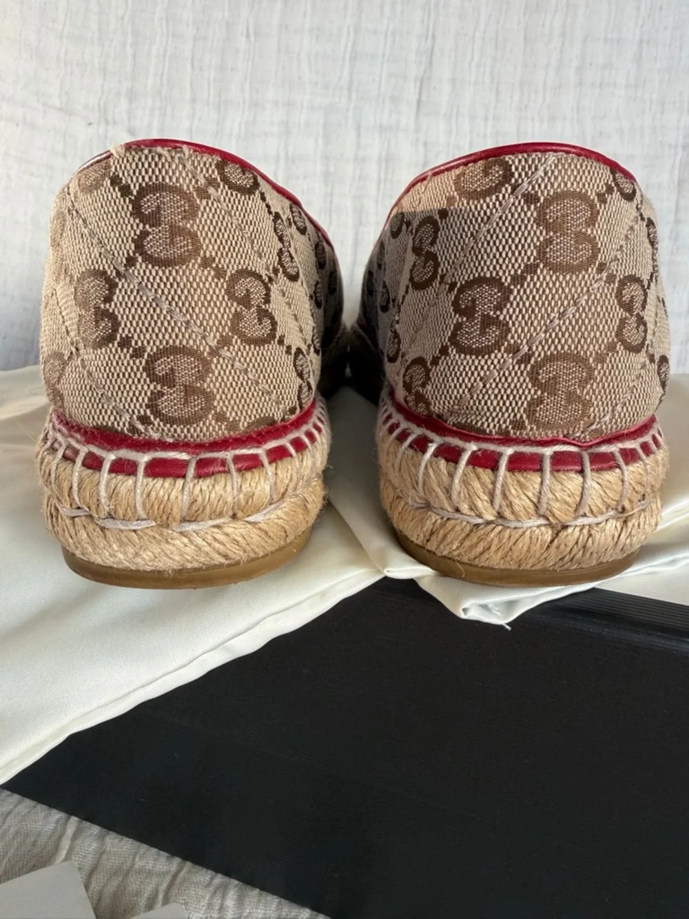 Gucci GG Canvas Espadrille Flats with Red Trim and Gold Double G